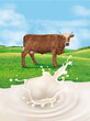 une vache dans une prairie avec splash de lait