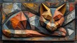 Painting of a cat made from geometric shapes, resting on a table