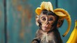 a playful monkey wearing a banana
