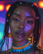 Closeup art fashion portrait of beautiful African woman with colorful braids in neon colors