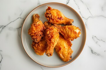 Wall Mural - Delicious Fried Chicken Drumsticks on a Plate with a Marble Background, Perfect for Dinner or Snack