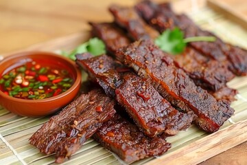 Wall Mural - Delicious Grilled Beef Jerky Strips on Bamboo Mat with Herbs and Spicy Dipping Sauce