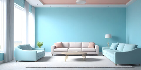 Wall Mural - A living room featuring blue walls and white furniture, creating a fresh and modern interior design