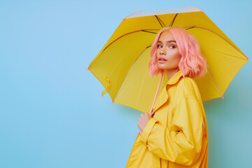 Wall Mural - Fashion model with pink hair wearing a yellow raincoat holding an umbrella isolated on a pastel blue background. Minimal rainy days concept. Copy space.