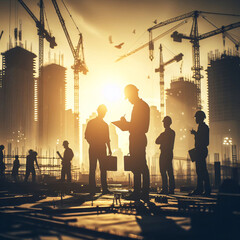 Sure, here is a description for an image combining elements from your query:

Silhouetted construction workers stand against a colorful sunset at a city construction site