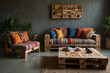 Gemütliches Wohnambiente mit Upcycling-Palettenmöbeln und farbenfrohen Kissen in einem stilvollen Wohnraum