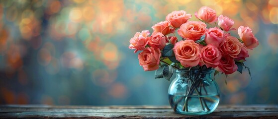 Wall Mural - An arrangement of roses on a wooden board in the garden is displayed in a glass vase