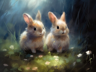 Wall Mural - Two rabbits. Digital art.