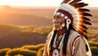 Native American Indian chief at sunset. Native American Conservation Concept.

