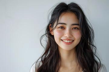 Sticker - Close up photo portrait of smiling beautiful Japanese woman with long dark hair  isolated on white background