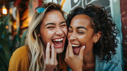 Wall Mural - Joyful friends sharing a laugh in a vibrant urban setting. Candid moments of happiness captured. Lively, youthful energy with a street style vibe. Perfect for lifestyle ads. AI