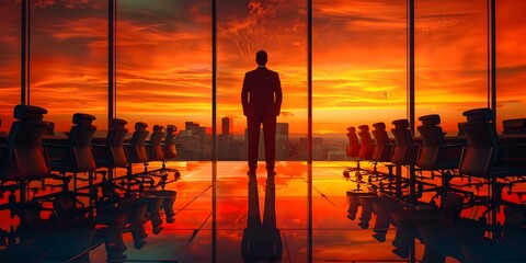 A Leader Guiding the Team Through Strategic Boardroom Decisions Amid a Captivating Sunset Cityscape