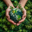 Hands cradling a green, vibrant Earth, a powerful symbol to inspire action and commitment to saving our planet