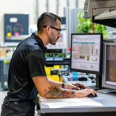 Fototapete - An employee working on a product demonstration, preparing slides and materials.