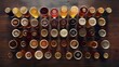 A diverse collection of beer glasses on a dark wooden table from above