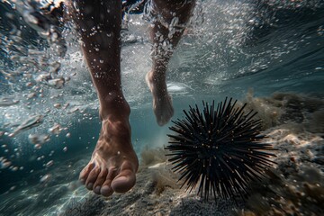 Sticker - Bare feet close to a sea urchin on the sandy ocean floor, with bubbles around.