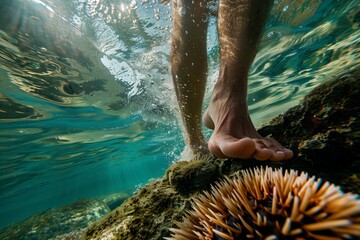 Wall Mural - Underwater view of feet above a sea urchin, with sunlight above