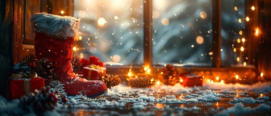 An attractive Christmas banner with Santa's boot and bag holding gifts and cones against a wooden wall background, and glowing lights outside the window...