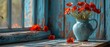 Poppies in clay jug with heart on wooden planks in rustic interior. Provence style.