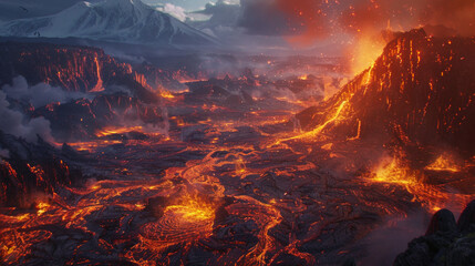 Wall Mural - A lava field with a volcano in the background