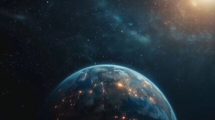  Panoramic view on planet Earth globe from space. Glowing city lights, light clouds