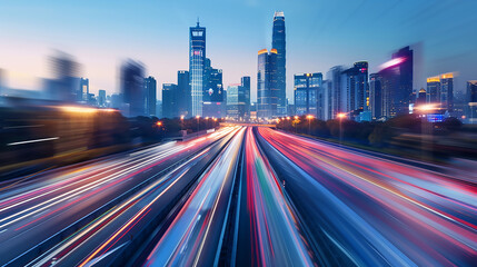Wall Mural - The motion blur of a busy urban highway during the evening rush hour. The city skyline serves as the background, illuminated by a sea of headlights and taillights