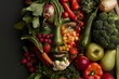 Artistic portrait merging a person's face with fresh fruits and vegetables.