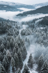 Wall Mural - Drone photo of a foggy valley in Washington in winter