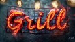 Stylized glowing 'Grill' text on grill rack with sparks and bokeh lights.