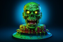 Cartoon 3D Zombie Themed Cake, Brain Shaped Topper, Neon Green Ooze, Under Black Light