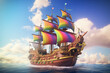 Fantasy 3D cartoon, fruits on a pirate ship, low angle, under a rainbow arch