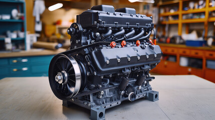 Wall Mural - Car engine on a stand in a workshop ready for overhauling.