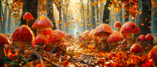 Autumnal Forest Rich In Mushrooms, A Vibrant Display Of Fall Foliage Amidst The Quiet Whispers Of Natures Bounty