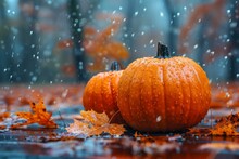 Two Orange Pumpkins Surrounded By Fallen Maple Leaves On A Wet Wooden Surface As Rain Pours Down
