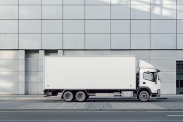 Sticker - White delivery truck parked in front of a contemporary building.