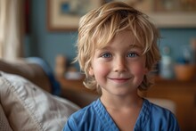 Cheerful Young Boy With Tousled Blond Hair And Bright Blue Eyes Smiling At The Camera