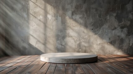 Wall Mural - Circular white podium on wooden floor against a textured concrete wall with natural shadows.