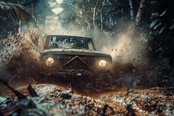 Poster - Off-road vehicle splashing mud while driving through jungle