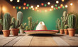 Cinco de Mayo empty wooden table for mock up, blur background, cactus, sombrero , detailed
