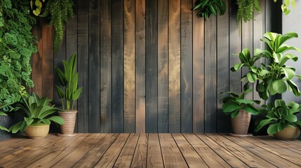 Poster - Assorted potted houseplants against a wooden plank wall in a well-lit room