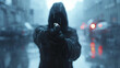 Stealthy Assassin, Silent Killings, Deadly operative stalking through a foggy cityscape, Rainy weather, 3D Render, Silhouette Lighting, Chromatic Aberration