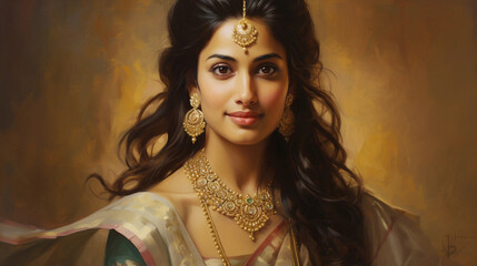 Wall Mural - Portrait of beautiful indian female wearing jewellery and makeup, traditional indian woman portrait
