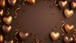 Metallic heart-shaped balloons with confetti on a brown background