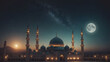 Ramadan background with crescent, stars and glowing clouds above mosque on mountains.