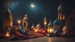 Ornamental Arabic lantern with burning candle glowing at night mosque background. Festive greeting card, invitation for Muslim holy month Ramadan Kareem