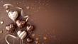 Heart-shaped balloons and cookies on a brown textured background