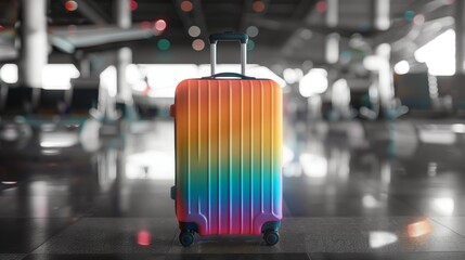 Poster - Colorful rainbow suitcase in a blurred airport terminal setting.