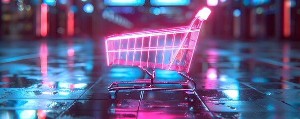 Sticker - Inspired Neon Lit Shopping Cart for an Electrifying Urban Nighttime Retail Adventure