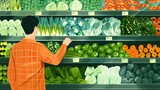 Fototapeta Uliczki - Illustration of a man carefully picking out vegetables from a lush display in a grocery store, highlighting fresh food choices. Man Selecting Vegetables at Grocery Store


