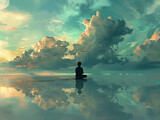 Fototapeta  - A figure sitting under a sky of thought clouds, depicting a moment of calm reflection and mental relaxation